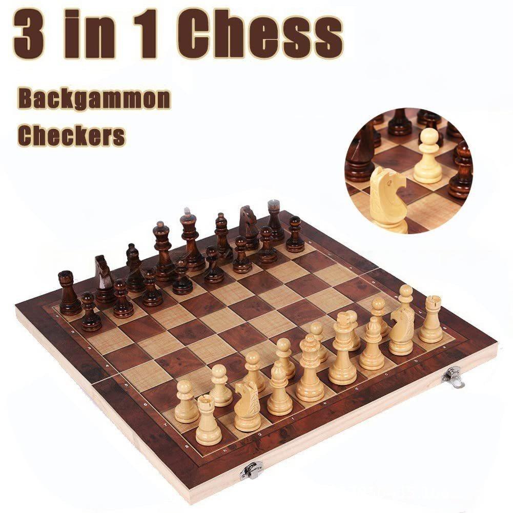 Magnetic Travel Chess - 3-in-1 Holz-Schach-Backgammon-Dame Reisespiel-Set Schachbrett Unterhaltung Weihnachtsgeschenk